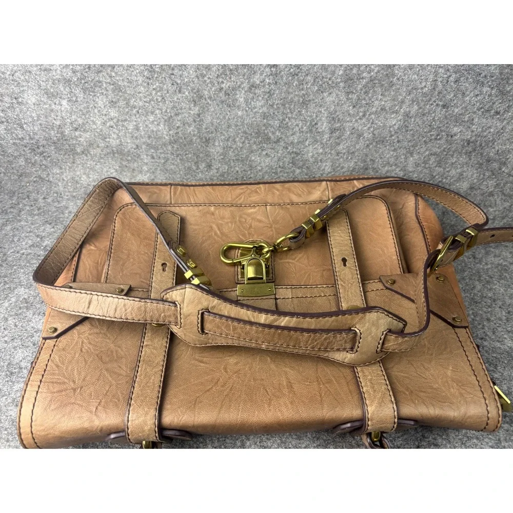 Oryany Satchel Bag Womens Medium Tan Leather Crinkled Flap Top Handle Handbag